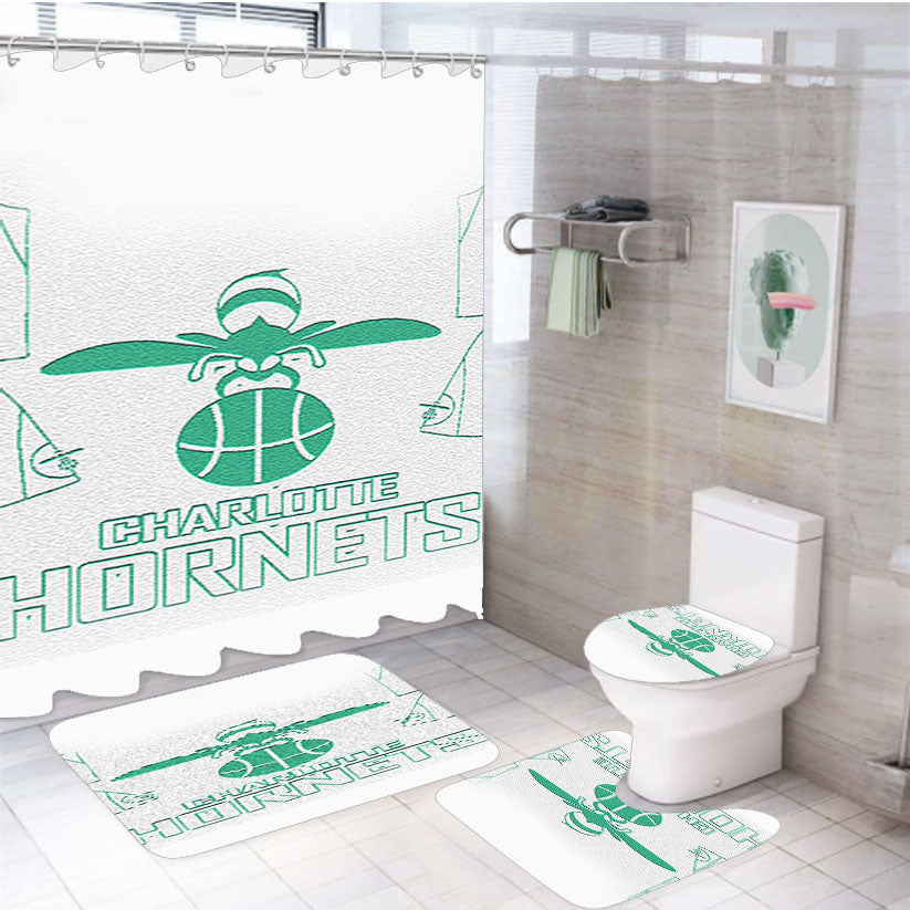 Blue White Charlotte Hornets 4Pcs Bathroom Set Shower Curtain