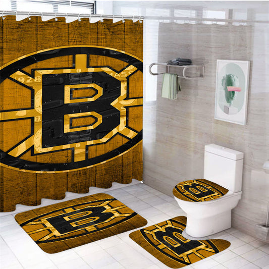 Boston Bruins Art Wood Texture Logo 4Pcs Bathroom Set Shower Curtain