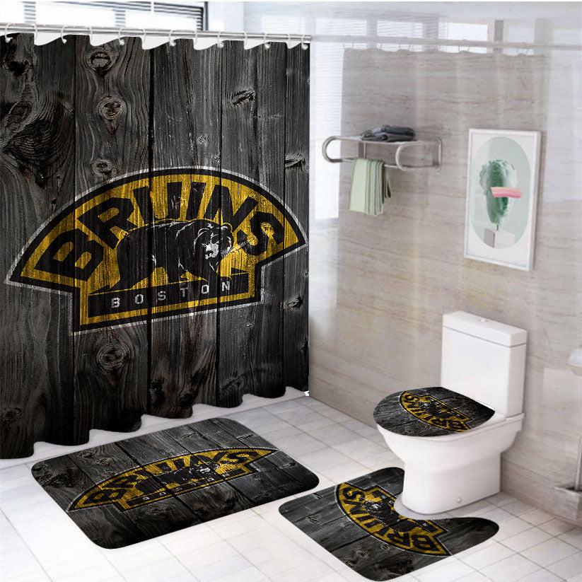 Boston Bruins Hockey Wooden 4Pcs Bathroom Set Shower Curtain