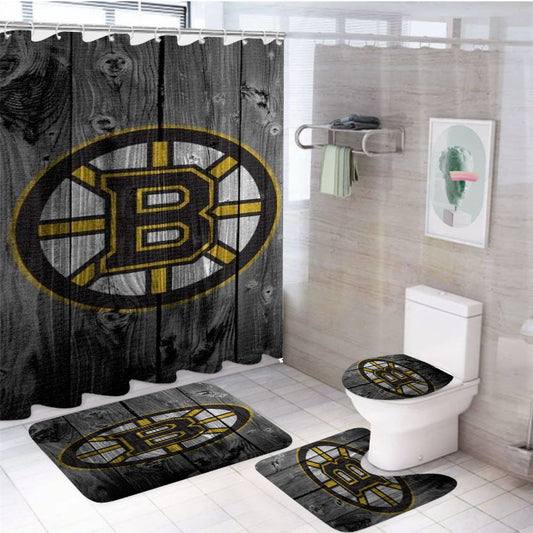 Boston Bruins Hockey Wooden Emblem 4Pcs Bathroom Set Shower Curtain