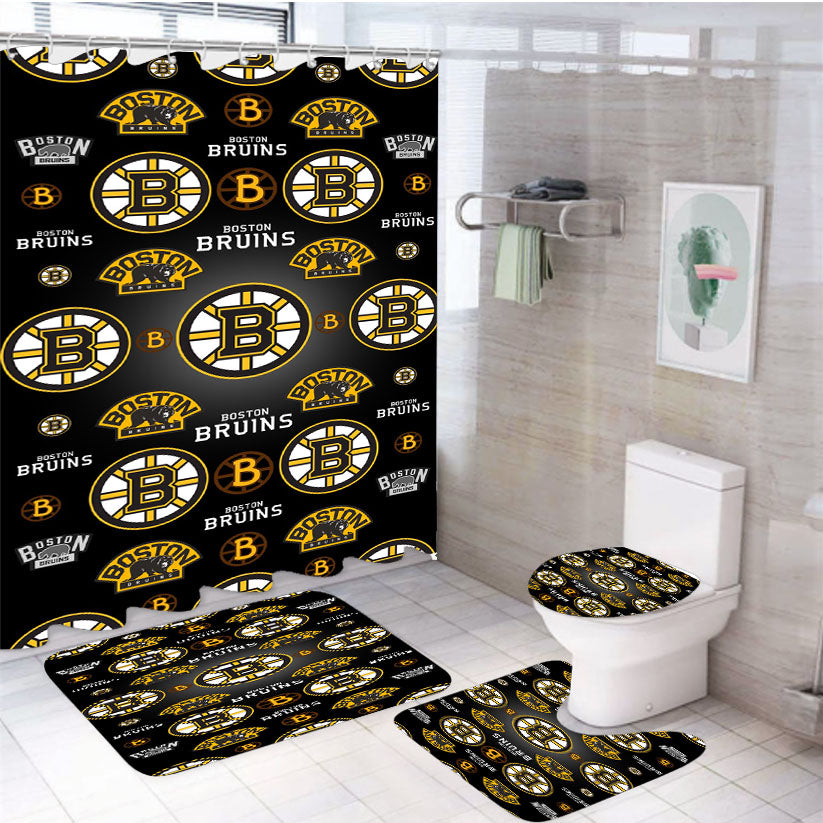 Boston Bruins Logo Pattern Black 4Pcs Bathroom Set Shower Curtain