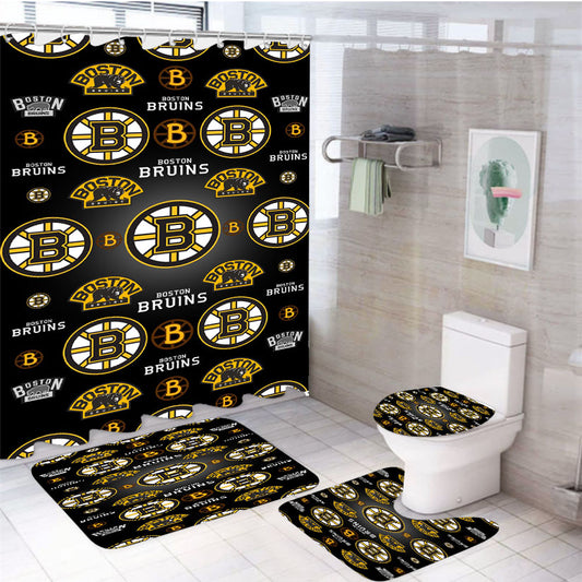 Boston Bruins Logo Pattern Black 4Pcs Bathroom Set Shower Curtain