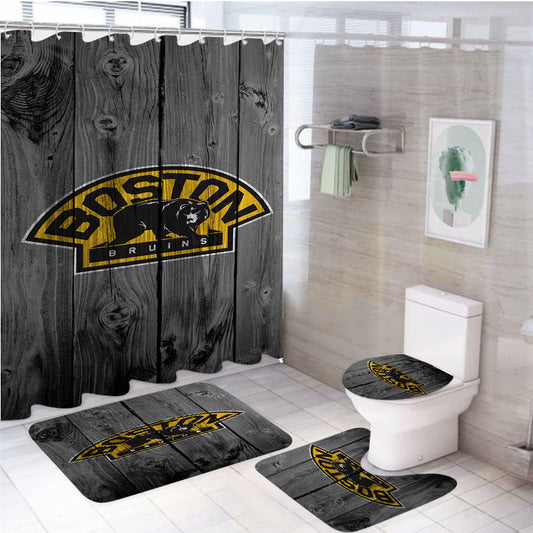 Boston Bruins Nhl Logo Dark Wood Wallpaper 4Pcs Bathroom Set Shower Curtain