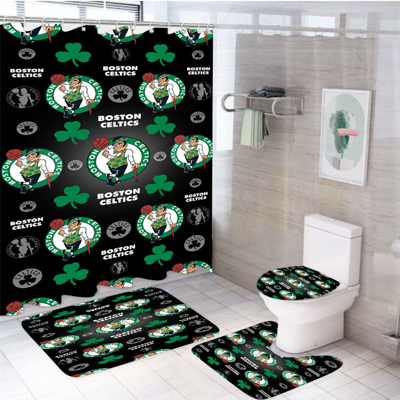 Boston Celtics Logo Pattern Black 4Pcs Bathroom Set Shower Curtain