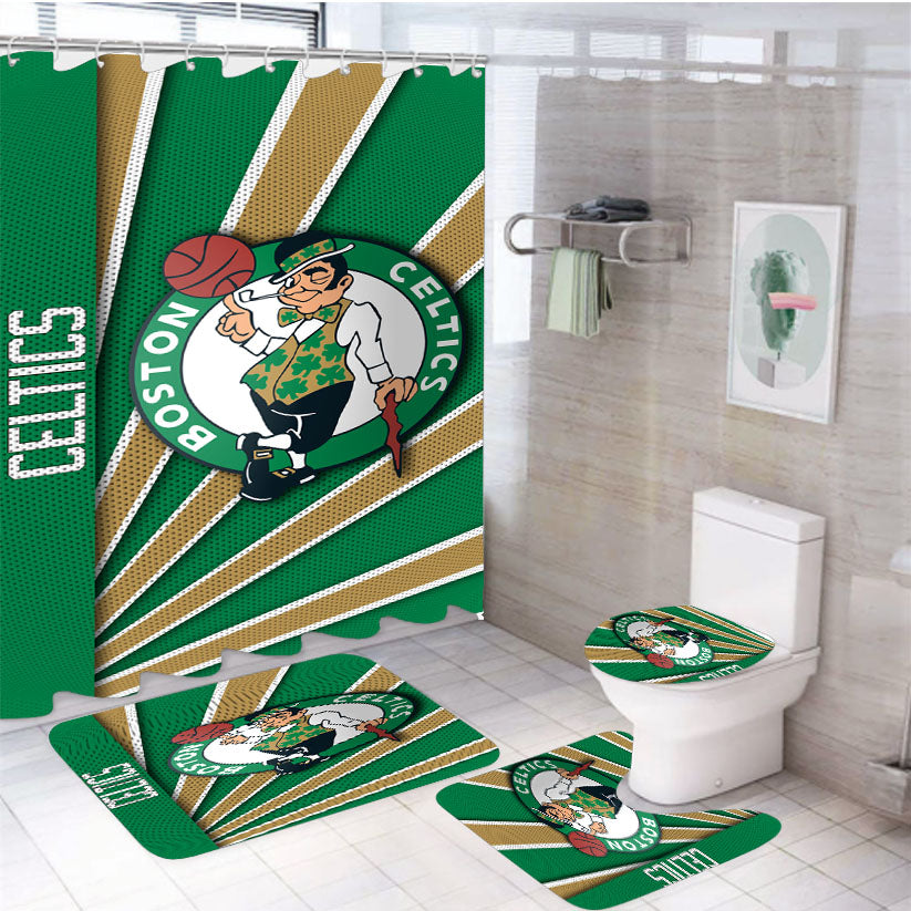 Boston Celtics Stripe Wallpaper 4Pcs Bathroom Set Shower Curtain