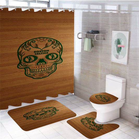 Boston Celtics Sugar Skull Wooden Wallpapers 4Pcs Bathroom Set Shower Curtain