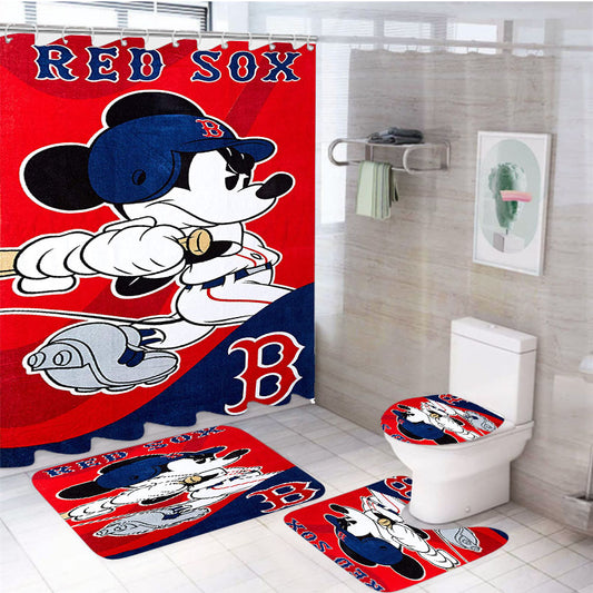 Boston Red Sox Disney Mickey Mouse Mlb 4Pcs Bathroom Set Shower Curtain