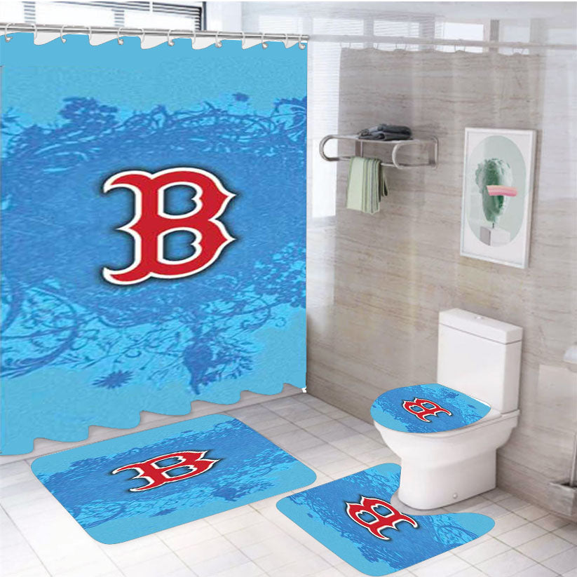 Boston Red Sox Logo On Blue Blur 4Pcs Bathroom Set Shower Curtain