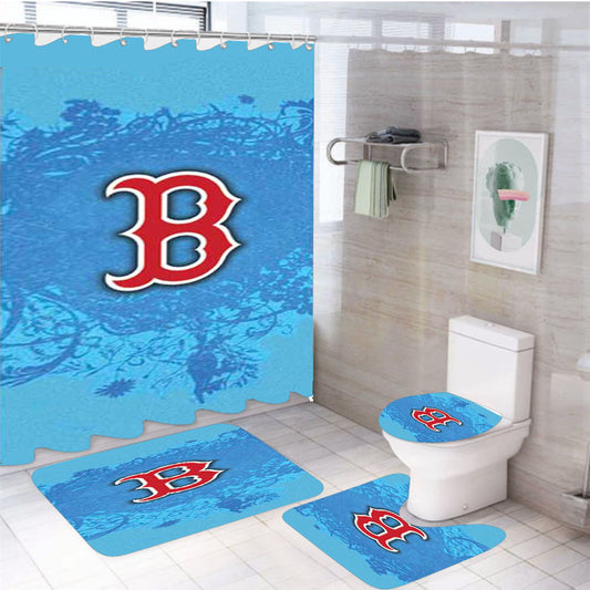 Boston Red Sox Logo On Blue Blur 4Pcs Bathroom Set Shower Curtain