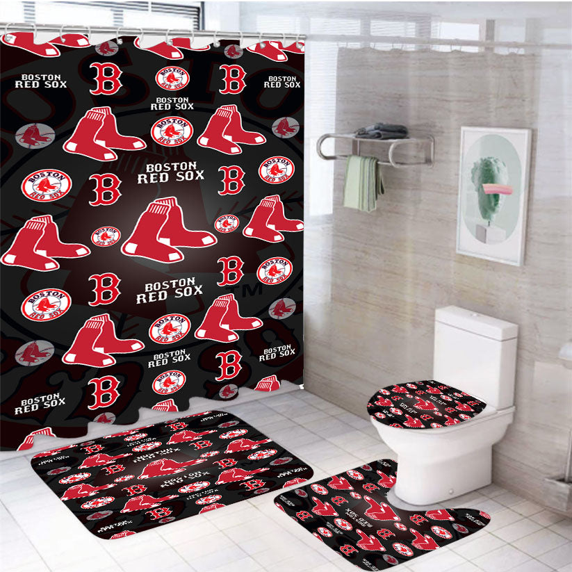 Boston Red Sox Logo Pattern Black 4Pcs Bathroom Set Shower Curtain