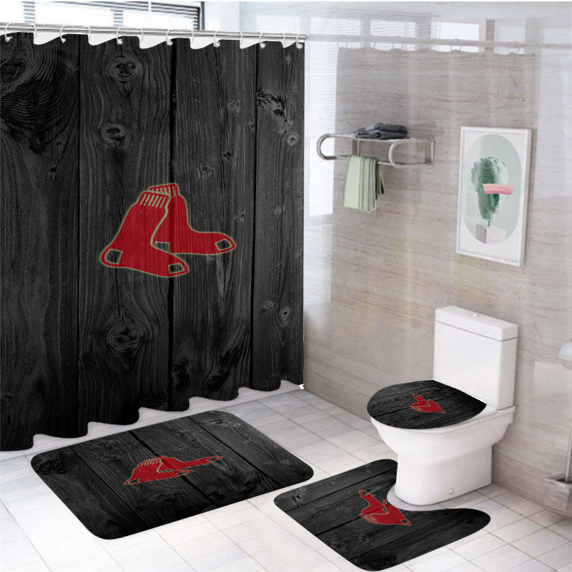 Boston Red Sox Mlb Wood Logo Dark Wood Wallpaper 4Pcs Bathroom Set Shower Curtain