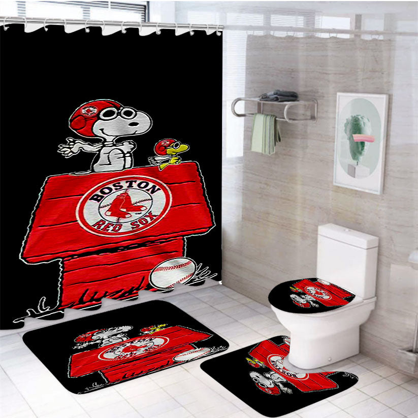 Boston Red Sox Snoopy 4Pcs Bathroom Set Shower Curtain