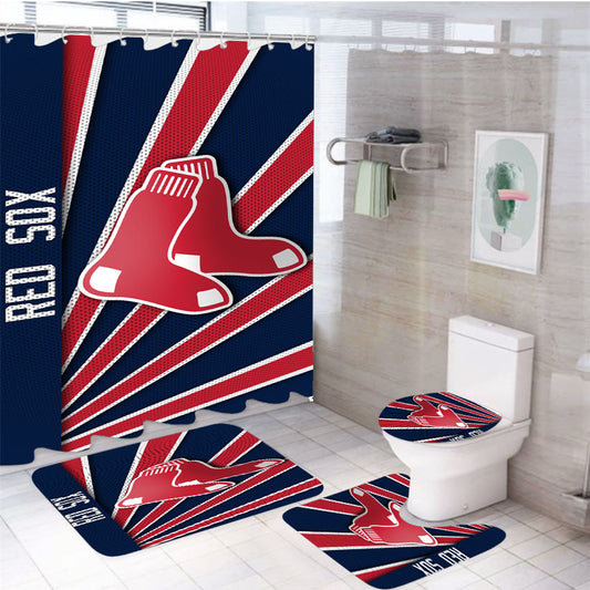 Boston Red Sox Stripe Wallpaper 4Pcs Bathroom Set Shower Curtain