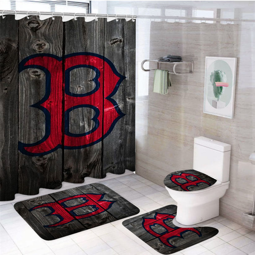 Boston Red Sox Wooden 4Pcs Bathroom Set Shower Curtain