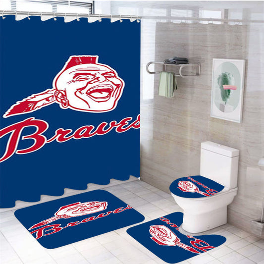 Braves Baseball Logo Blue 4Pcs Bathroom Set Shower Curtain