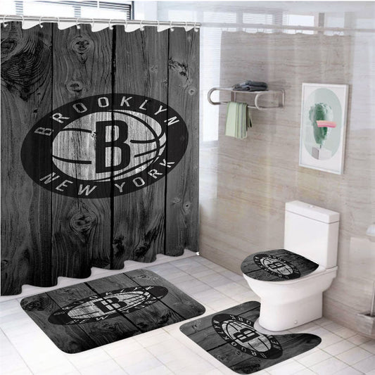 Brooklyn Nets New York Logo Nba Dark Wood Wallpaper 4Pcs Bathroom Set Shower Curtain