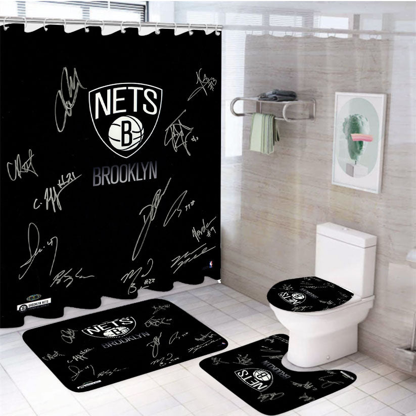 Brooklyn Nets Team Signed Logo Dark Wood Wallpaper 4Pcs Bathroom Set Shower Curtain