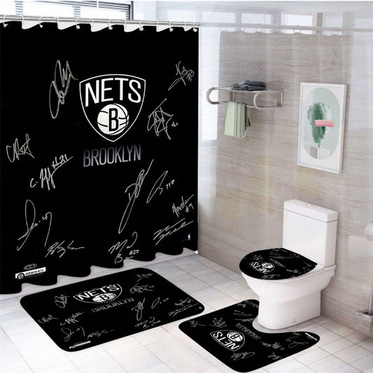 Brooklyn Nets Team Signed Logo Dark Wood Wallpaper 4Pcs Bathroom Set Shower Curtain
