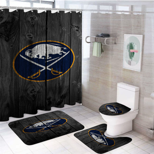 Buffalo Sabres Nhl Logo Dark Wood Wallpaper 4Pcs Bathroom Set Shower Curtain