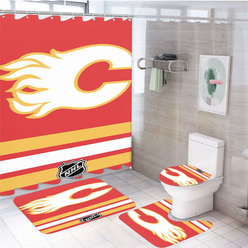 Calgary Flames Nhl Logo 4Pcs Bathroom Set Shower Curtain