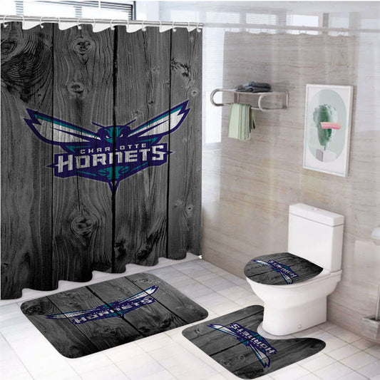 Charlotte Hornets Nba Logo Dark Wood Wallpaper 4Pcs Bathroom Set Shower Curtain