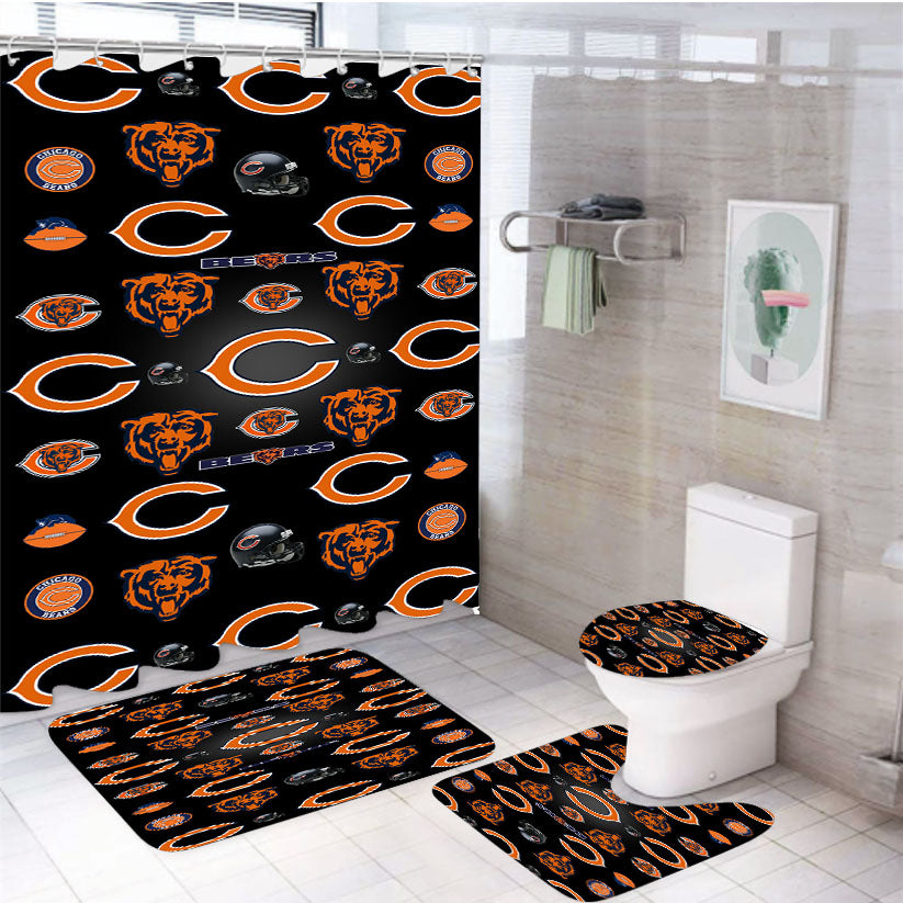 Chicago Bears Logo Pattern Wallpaper 4Pcs Bathroom Set Shower Curtain