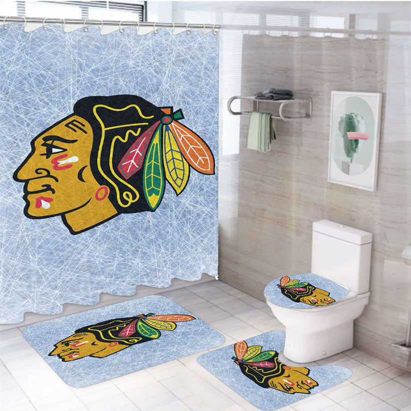 Chicago Blackhawks Ice Texture Logo Wallpaper 4Pcs Bathroom Set Shower Curtain