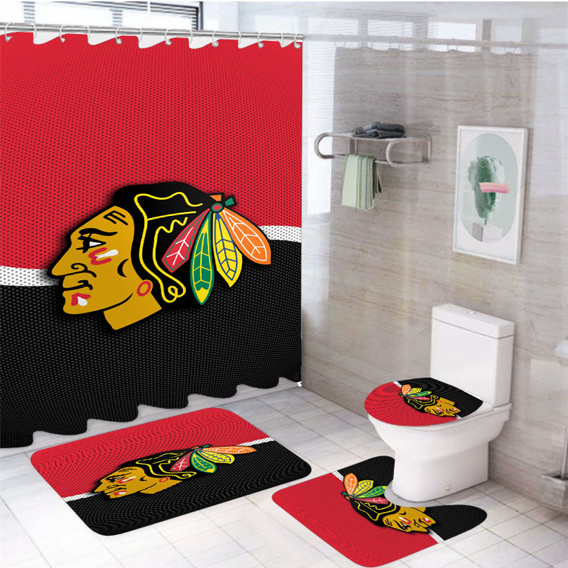 Chicago Blackhawks Logo Fiber 4Pcs Bathroom Set Shower Curtain