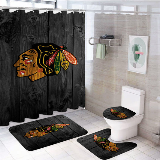 Chicago Blackhawks Nhl Logo Dark Wood Wallpaper 4Pcs Bathroom Set Shower Curtain