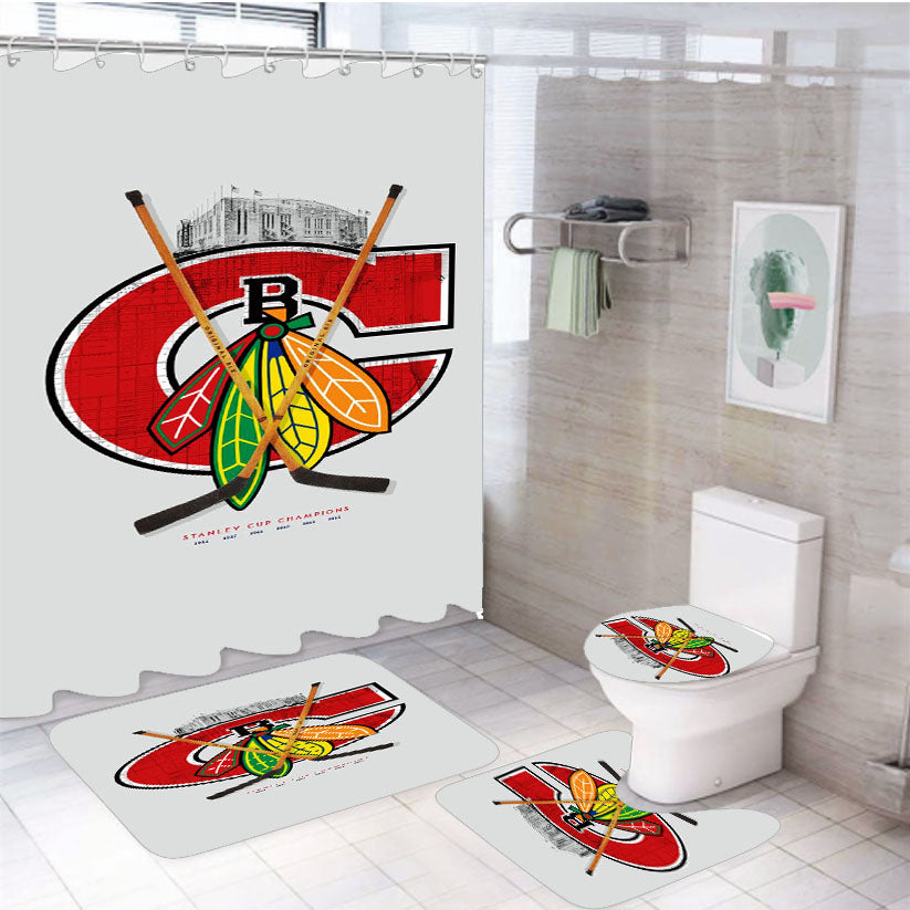 Chicago Blackhawks Stanley Cup Champions 4Pcs Bathroom Set Shower Curtain
