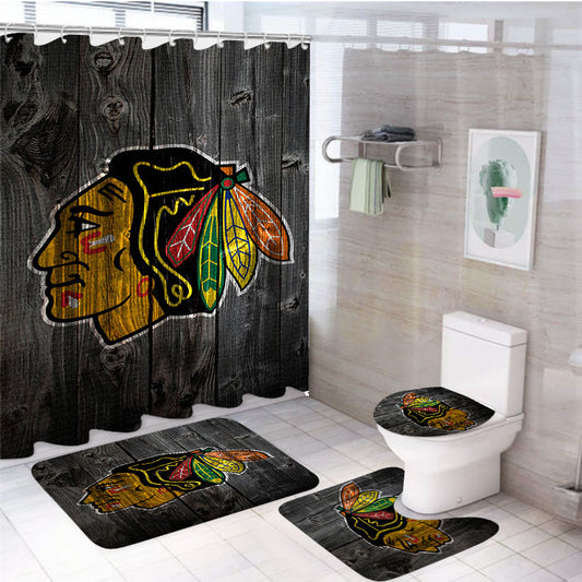 Chicago Blackhawks Wooden 4Pcs Bathroom Set Shower Curtain