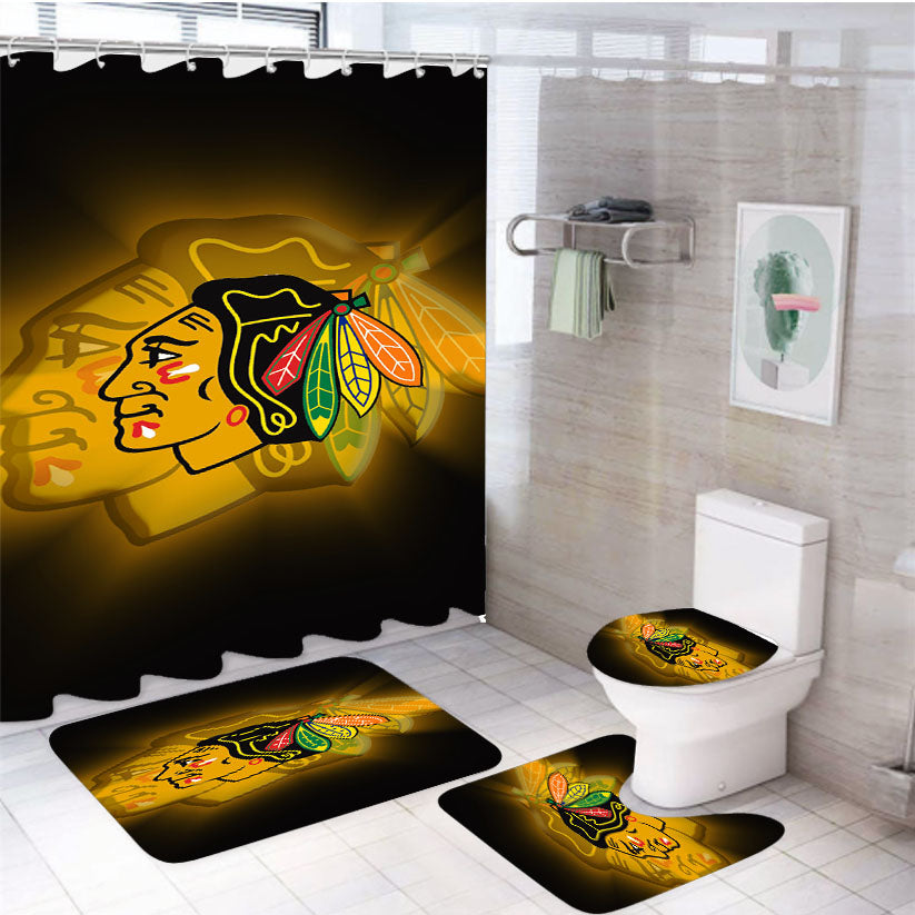 Chicago Blackhawks Yellow Silhouette 4Pcs Bathroom Set Shower Curtain