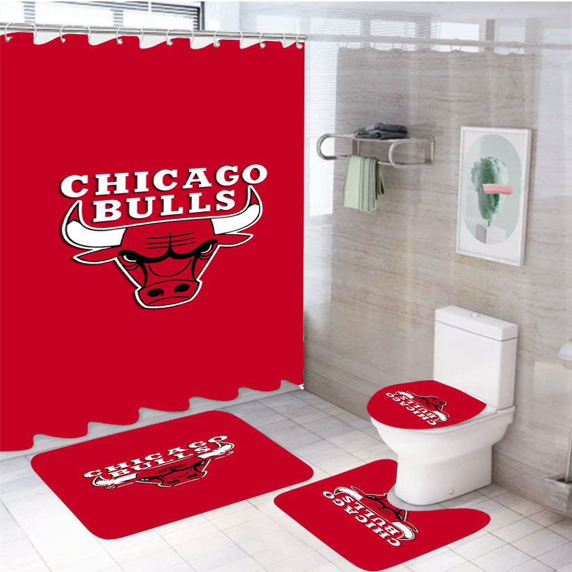 Chicago Bulls Jersey Red Wallpaper 4Pcs Bathroom Set Shower Curtain
