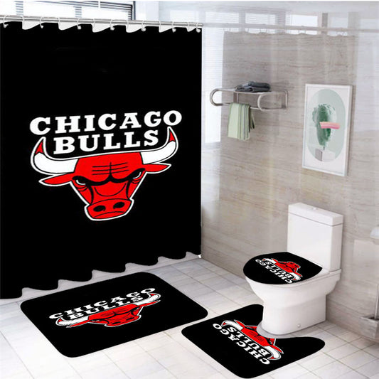 Chicago Bulls Logo Black 4Pcs Bathroom Set Shower Curtain