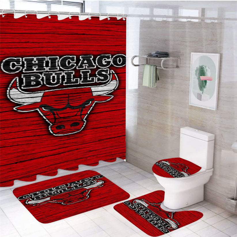 Chicago Bulls Logo Red 4Pcs Bathroom Set Shower Curtain