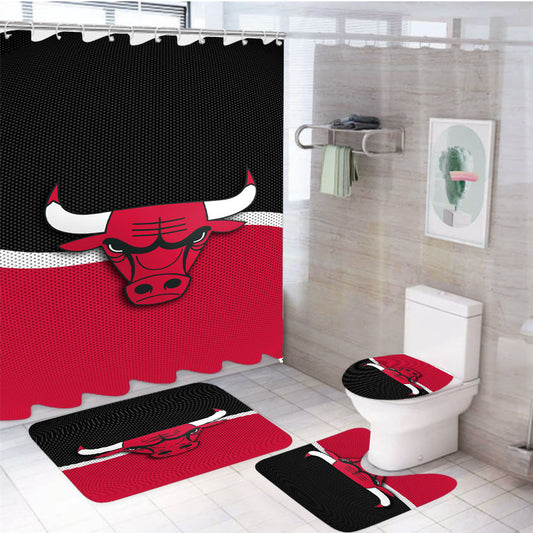 Chicago Bulls Logo Red Black Fiber Texture Wallpaper 4Pcs Bathroom Set Shower Curtain