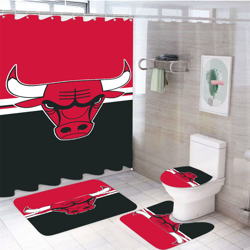 Chicago Bulls Logo Red Black Wallpaper 4Pcs Bathroom Set Shower Curtain