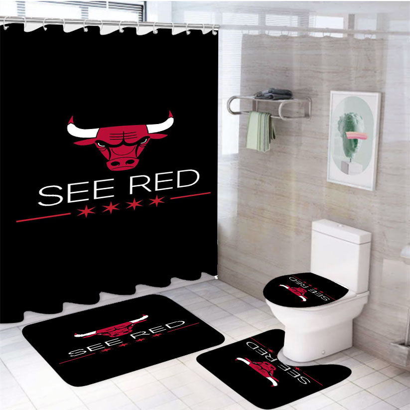 Chicago Bulls Logo See Red 4Pcs Bathroom Set Shower Curtain