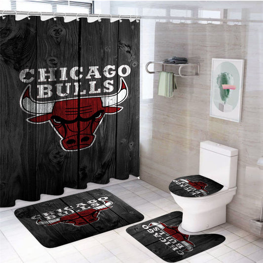 Chicago Bulls Nba Logo Dark Wood Wallpaper 4Pcs Bathroom Set Shower Curtain
