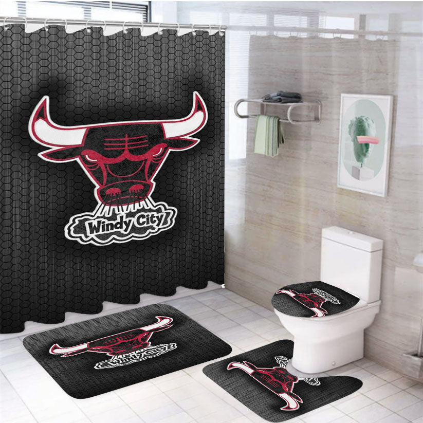 Chicago Bulls Windy City Logo Black Iron Texture Wallpaper 4Pcs Bathroom Set Shower Curtain