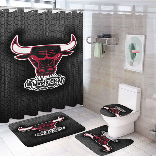 Chicago Bulls Windy City Logo Black Iron Texture Wallpaper 4Pcs Bathroom Set Shower Curtain