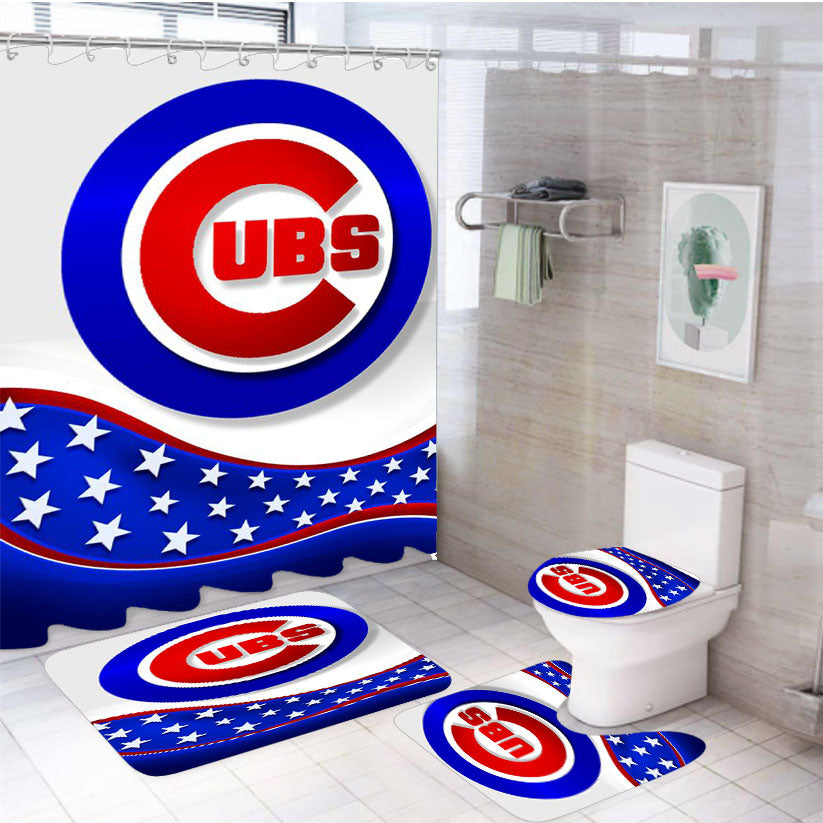 Chicago Cubs American Flag 4Pcs Bathroom Set Shower Curtain