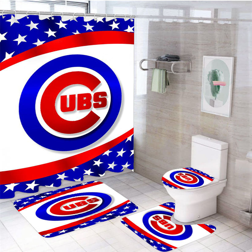 Chicago Cubs American Flag Pattern 4Pcs Bathroom Set Shower Curtain