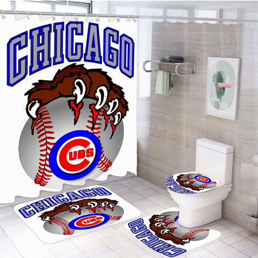 Chicago Cubs Baseball Bear Hand 4Pcs Bathroom Set Shower Curtain