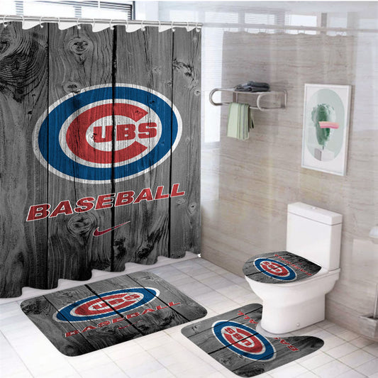 Chicago Cubs Baseball Logo Dark Wood Wallpaper 4Pcs Bathroom Set Shower Curtain
