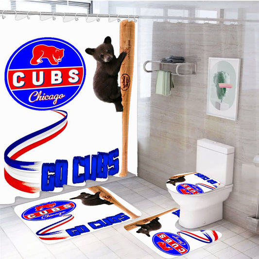 Chicago Cubs Bear And Baseball Club Team 4Pcs Bathroom Set Shower Curtain