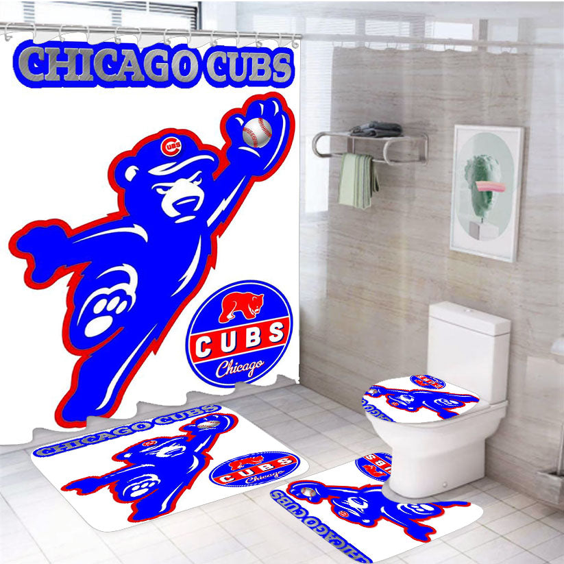 Chicago Cubs Bear Ba 4Pcs Bathroom Set Shower Curtain