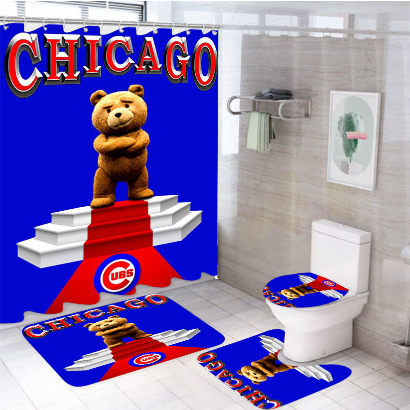 Chicago Cubs Blue Bear 4Pcs Bathroom Set Shower Curtain