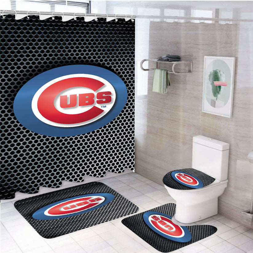 Chicago Cubs Carbon Fiber Art 4Pcs Bathroom Set Shower Curtain