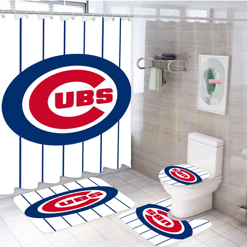 Chicago Cubs Circle Stripe Blues 4Pcs Bathroom Set Shower Curtain